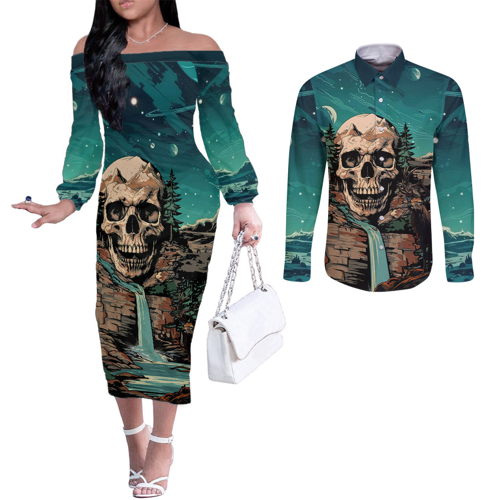 skull-hunt-couples-matching-off-the-shoulder-long-sleeve-dress-and-long-sleeve-button-shirts-the-best-kine-of-raiser-a-hunting