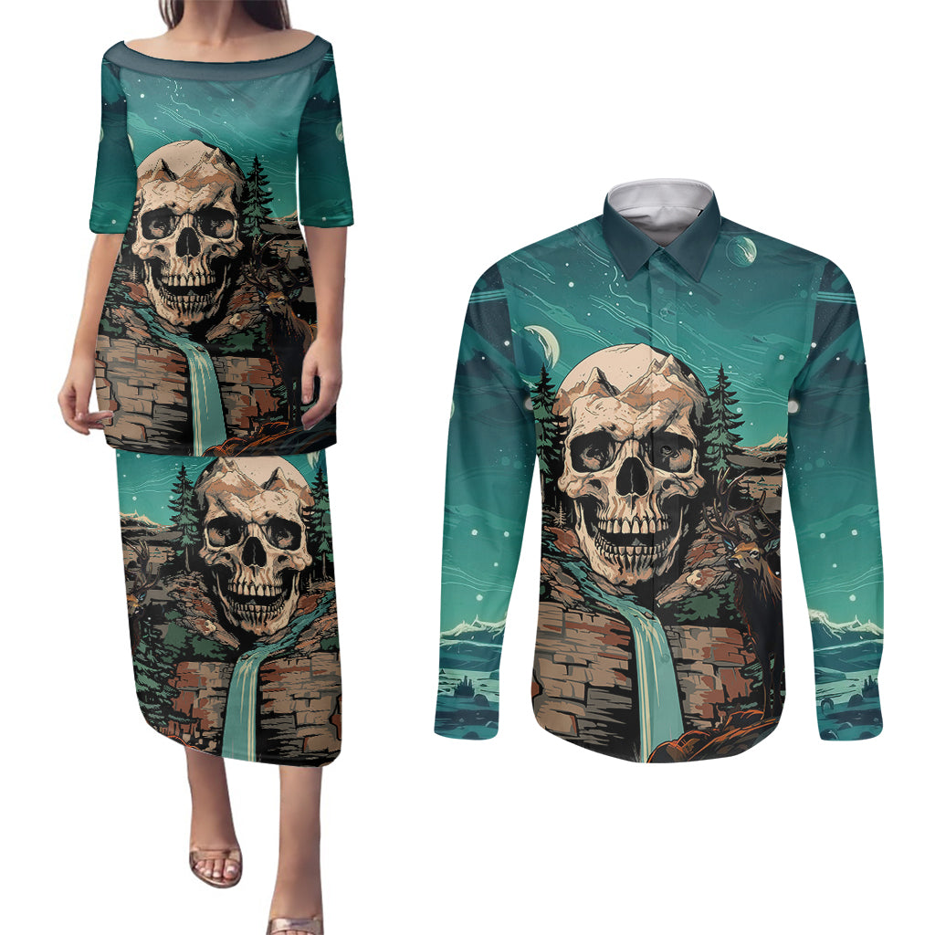 Skull Hunt Couples Matching Puletasi Dress and Long Sleeve Button Shirts The Best Kine Of Raiser A Hunting - Wonder Print Shop
