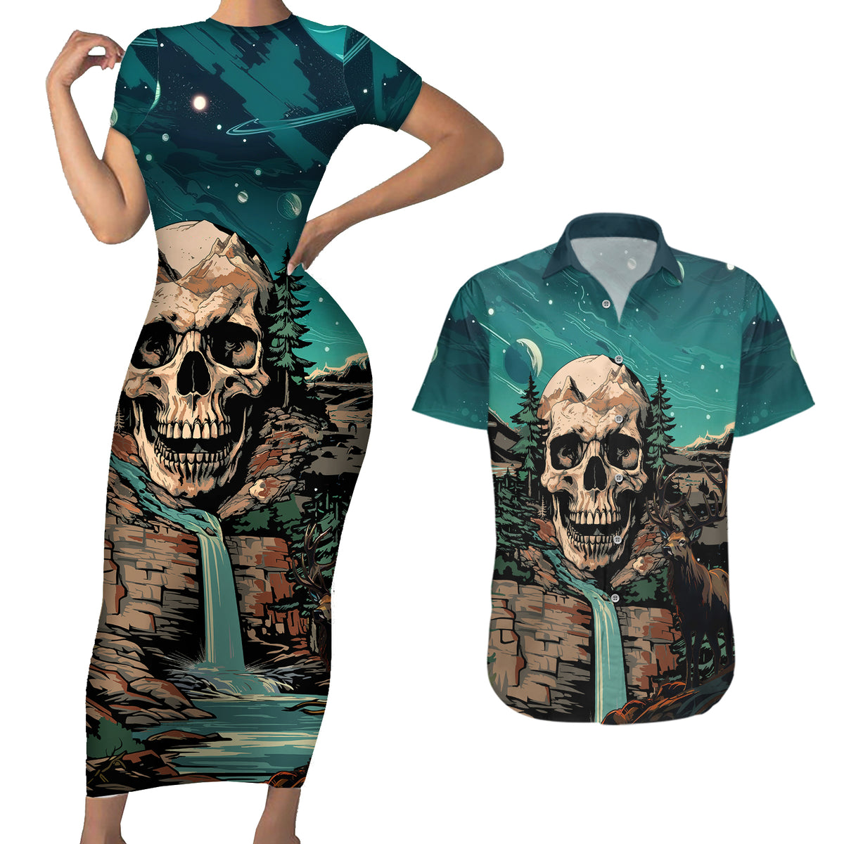 Skull Hunt Couples Matching Short Sleeve Bodycon Dress and Hawaiian Shirt The Best Kine Of Raiser A Hunting - Wonder Print Shop