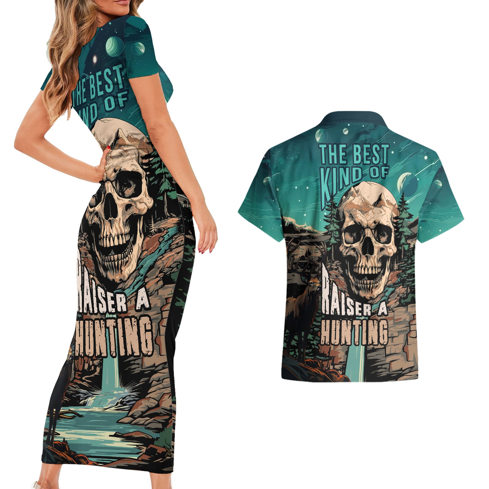 Skull Hunt Couples Matching Short Sleeve Bodycon Dress and Hawaiian Shirt The Best Kine Of Raiser A Hunting - Wonder Print Shop