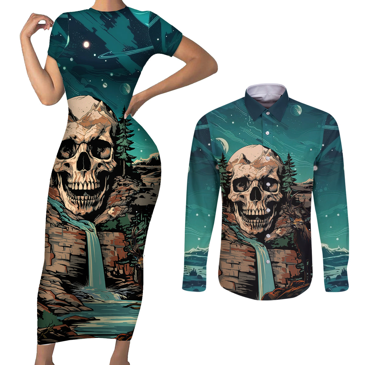 Skull Hunt Couples Matching Short Sleeve Bodycon Dress and Long Sleeve Button Shirts The Best Kine Of Raiser A Hunting - Wonder Print Shop
