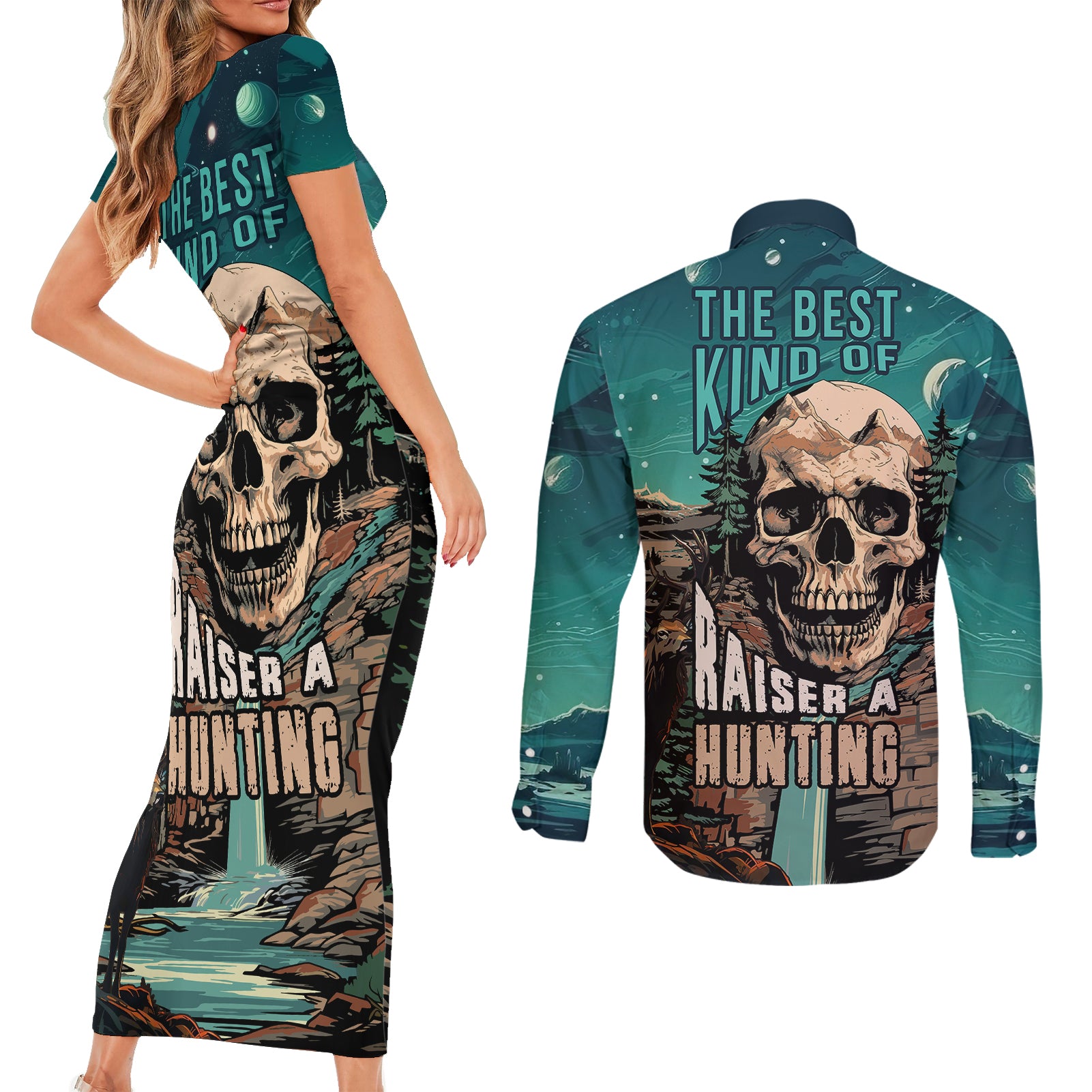 Skull Hunt Couples Matching Short Sleeve Bodycon Dress and Long Sleeve Button Shirts The Best Kine Of Raiser A Hunting - Wonder Print Shop