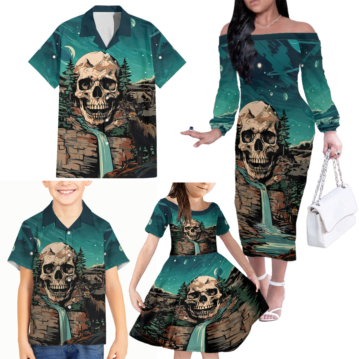 Skull Hunt Family Matching Off Shoulder Long Sleeve Dress and Hawaiian Shirt The Best Kine Of Raiser A Hunting - Wonder Print Shop