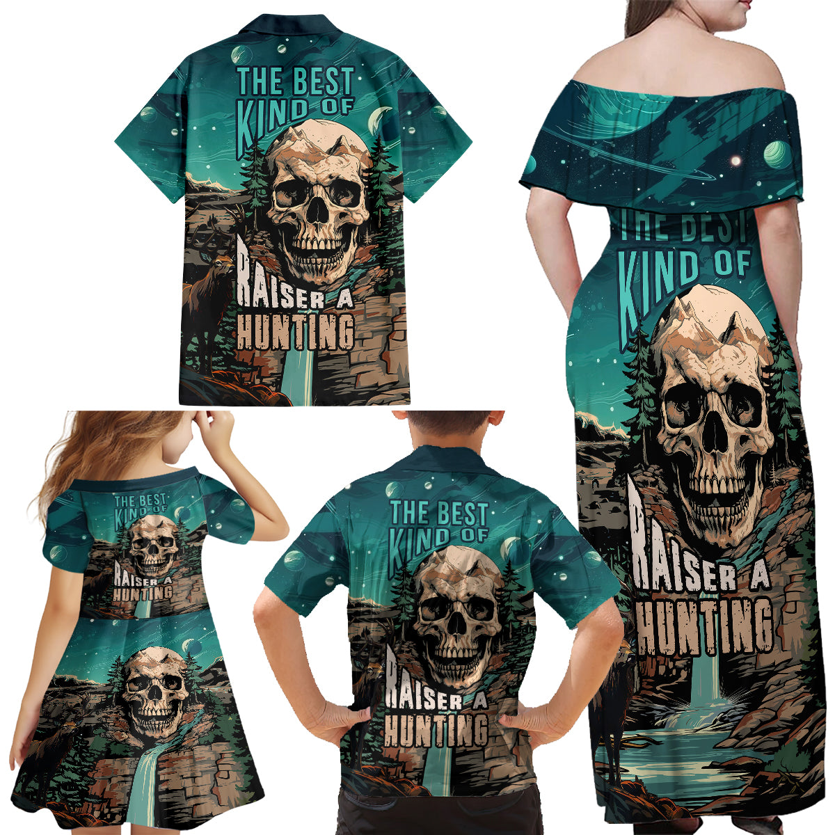 Skull Hunt Family Matching Off Shoulder Long Sleeve Dress and Hawaiian Shirt The Best Kine Of Raiser A Hunting - Wonder Print Shop