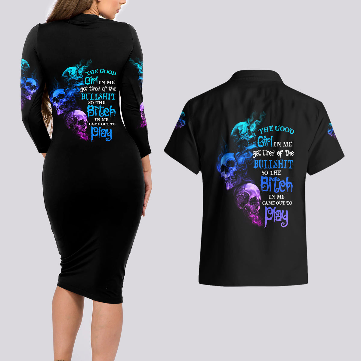 The Good Girl In Me Got Tired Couples Matching Long Sleeve Bodycon Dress and Hawaiian Shirt - Wonder Print Shop
