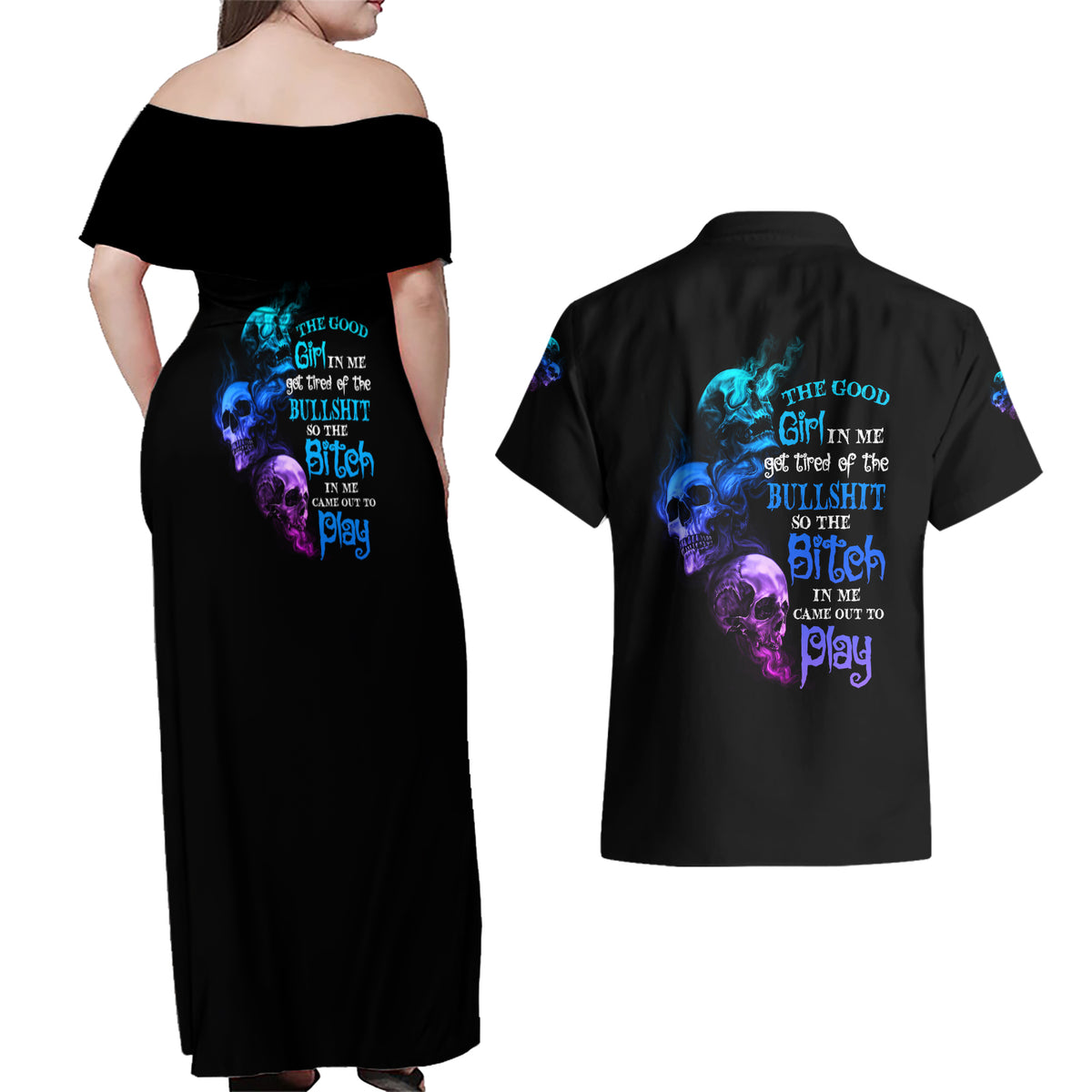 The Good Girl In Me Got Tired Couples Matching Off Shoulder Maxi Dress and Hawaiian Shirt - Wonder Print Shop