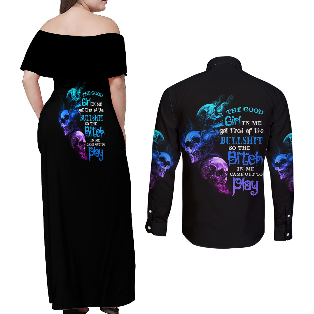 The Good Girl In Me Got Tired Couples Matching Off Shoulder Maxi Dress and Long Sleeve Button Shirt - Wonder Print Shop