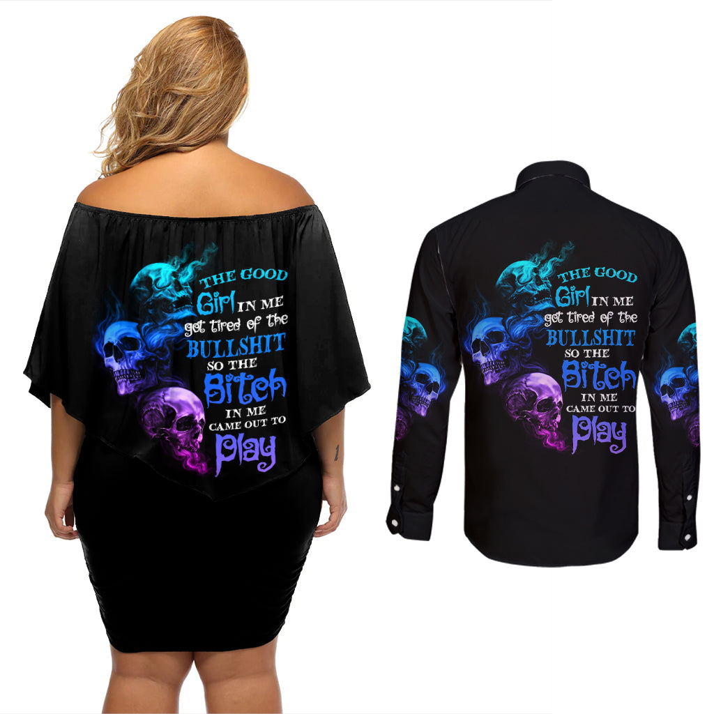 The Good Girl In Me Got Tired Couples Matching Off Shoulder Short Dress and Long Sleeve Button Shirt - Wonder Print Shop