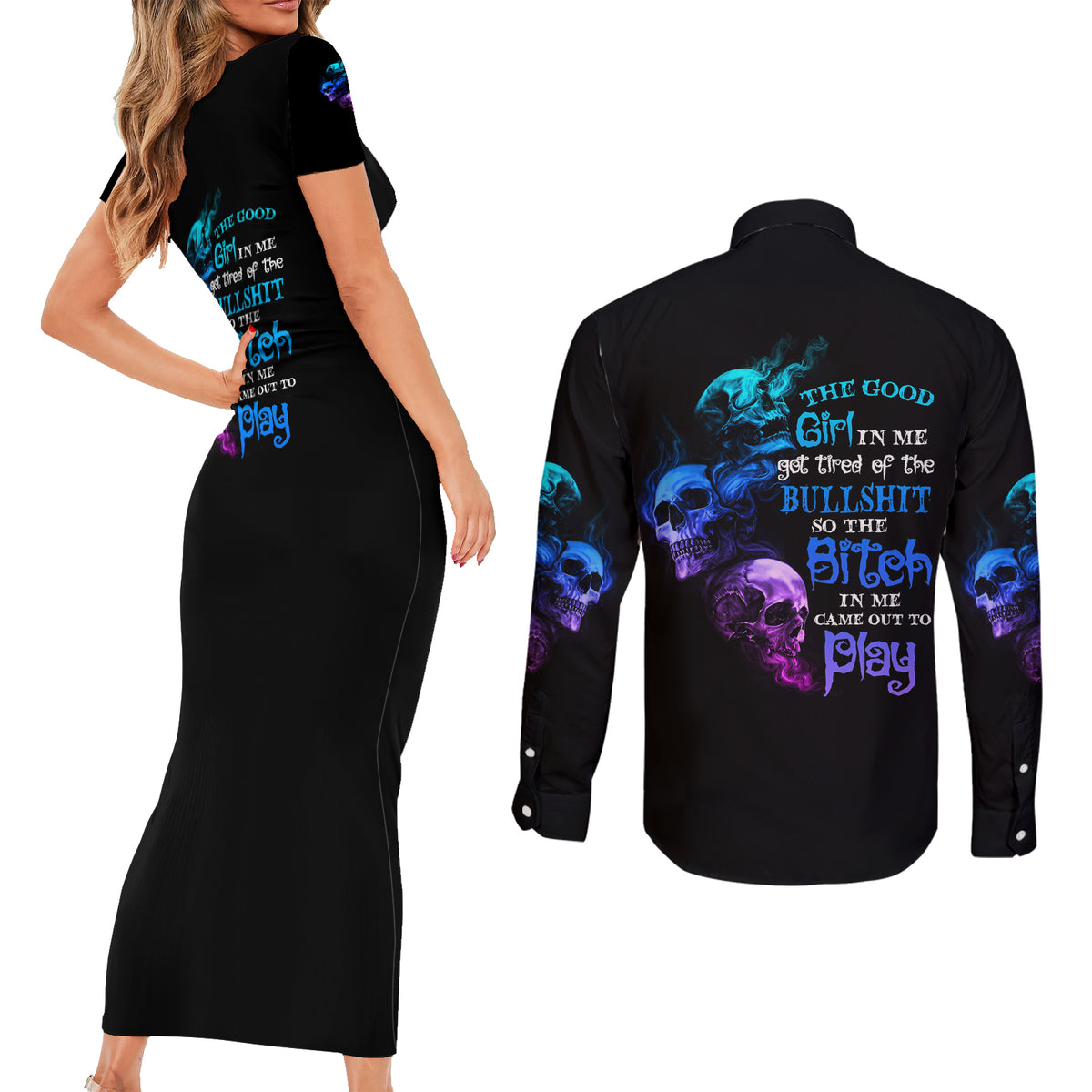 The Good Girl In Me Got Tired Couples Matching Short Sleeve Bodycon Dress and Long Sleeve Button Shirt - Wonder Print Shop