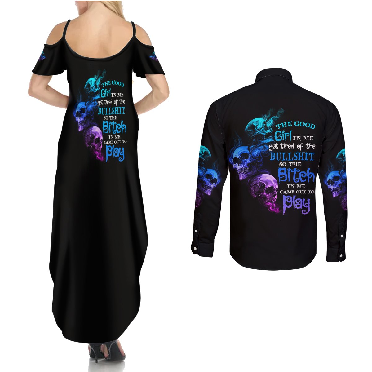 The Good Girl In Me Got Tired Couples Matching Summer Maxi Dress and Long Sleeve Button Shirt - Wonder Print Shop