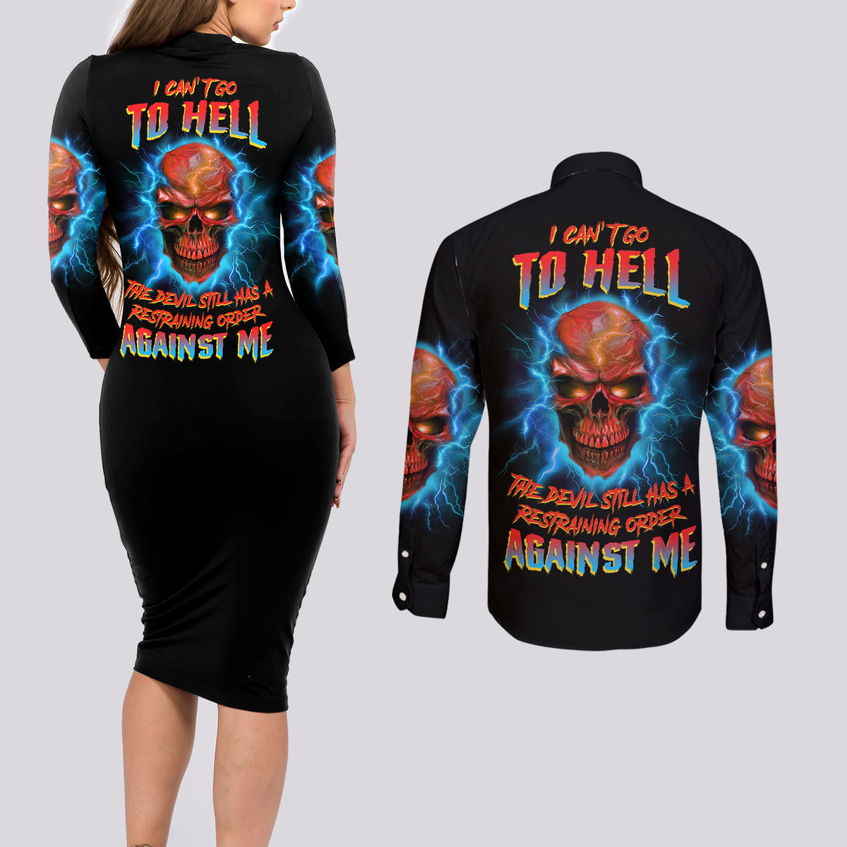I Can't Go To Hell Thunder Skull Couples Matching Long Sleeve Bodycon Dress and Long Sleeve Button Shirt - Wonder Print Shop