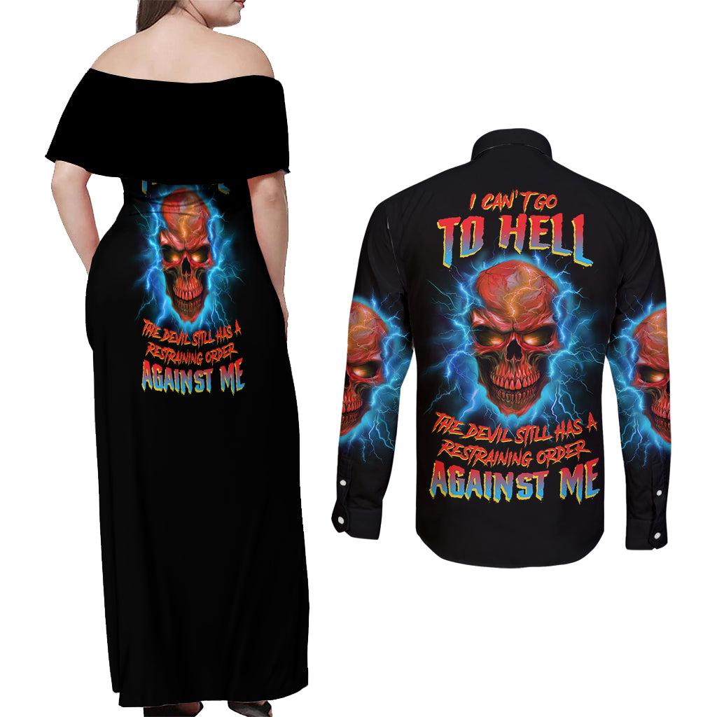 I Can't Go To Hell Thunder Skull Couples Matching Off Shoulder Maxi Dress and Long Sleeve Button Shirt - Wonder Print Shop