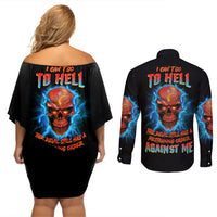 I Can't Go To Hell Thunder Skull Couples Matching Off Shoulder Short Dress and Long Sleeve Button Shirt - Wonder Print Shop