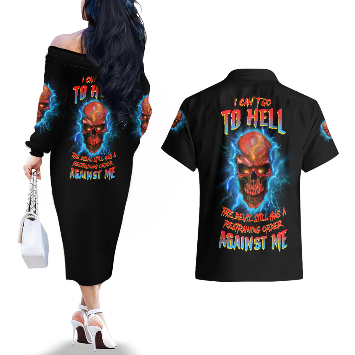 I Can't Go To Hell Thunder Skull Couples Matching Off The Shoulder Long Sleeve Dress and Hawaiian Shirt - Wonder Print Shop