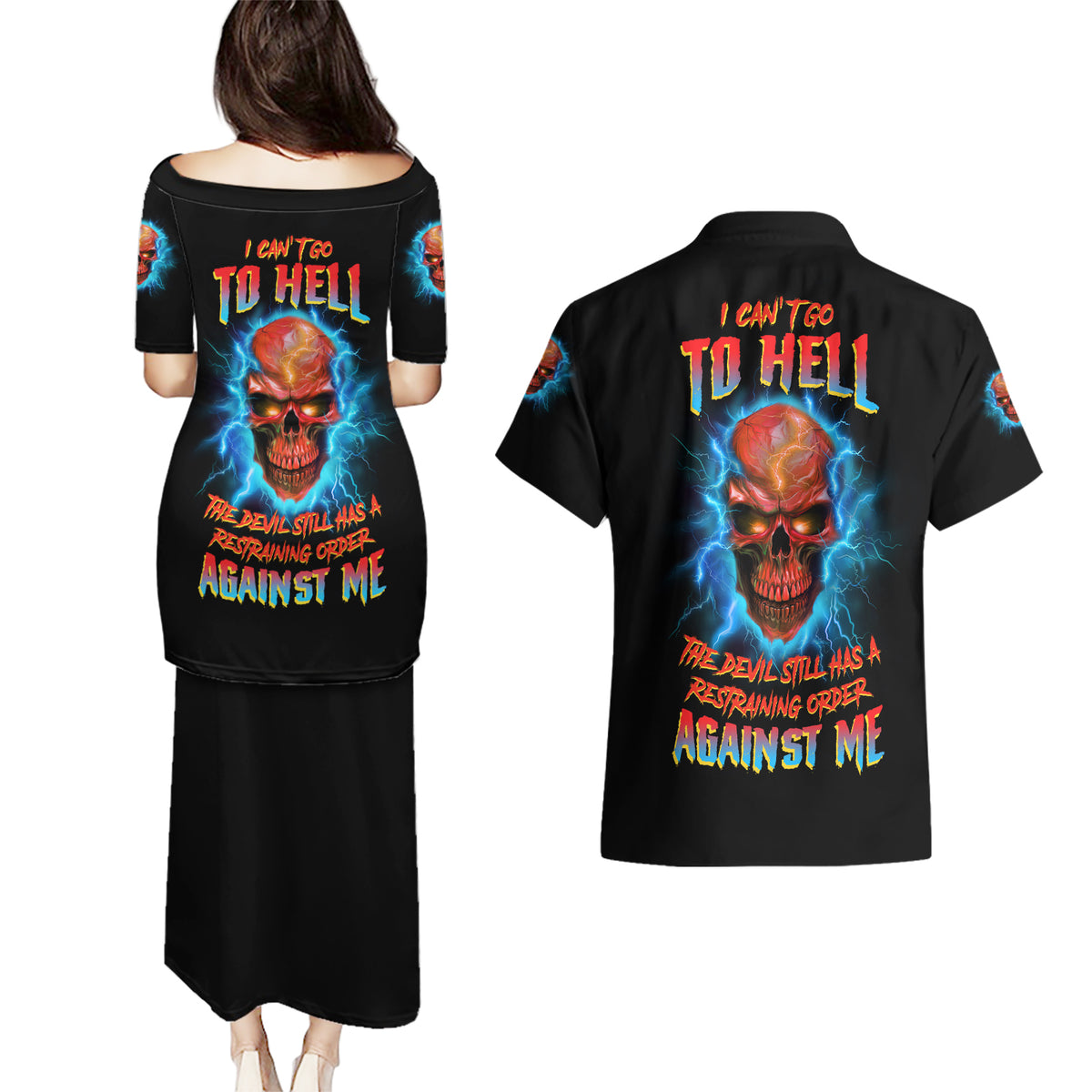 I Can't Go To Hell Thunder Skull Couples Matching Puletasi Dress and Hawaiian Shirt - Wonder Print Shop