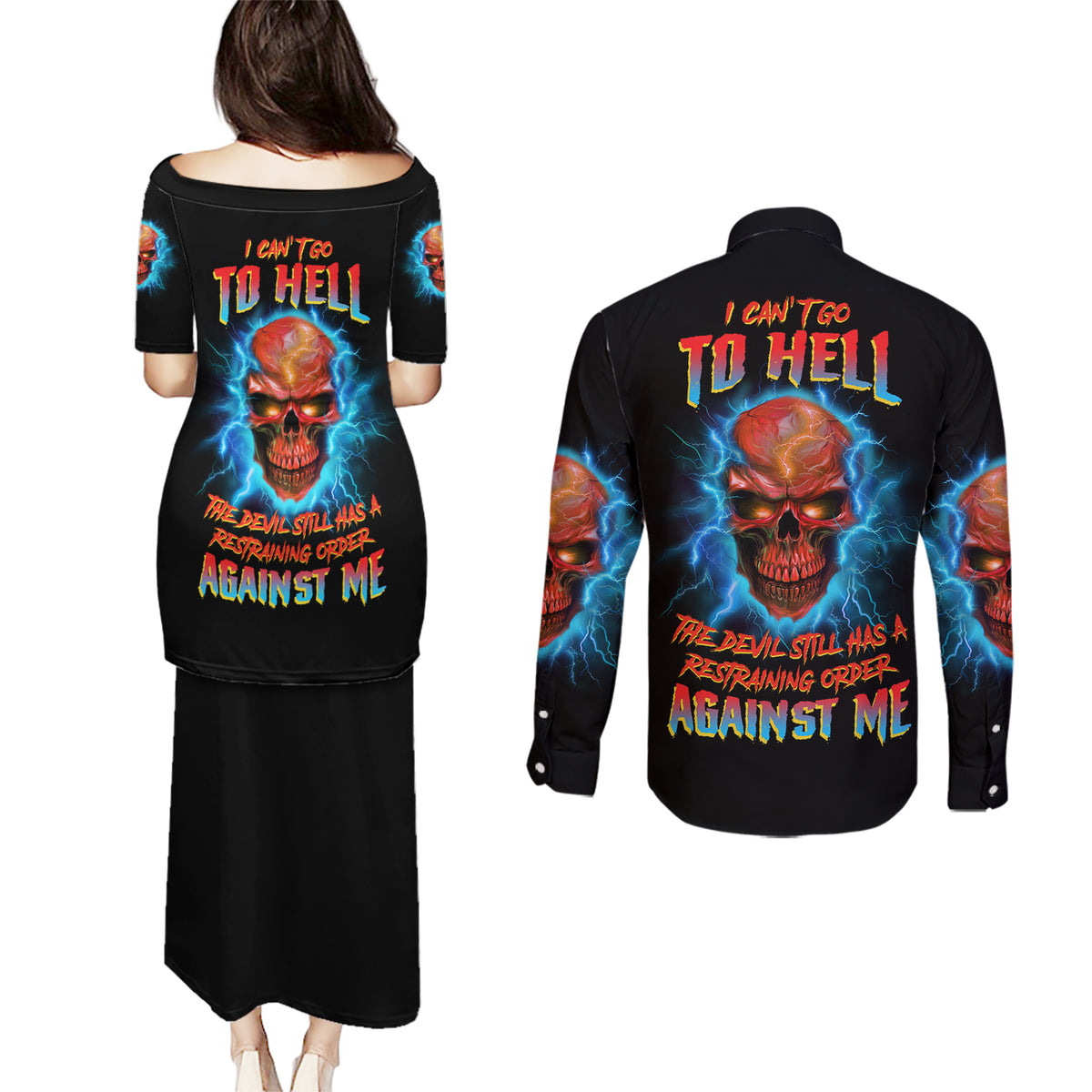 I Can't Go To Hell Thunder Skull Couples Matching Puletasi Dress and Long Sleeve Button Shirt - Wonder Print Shop