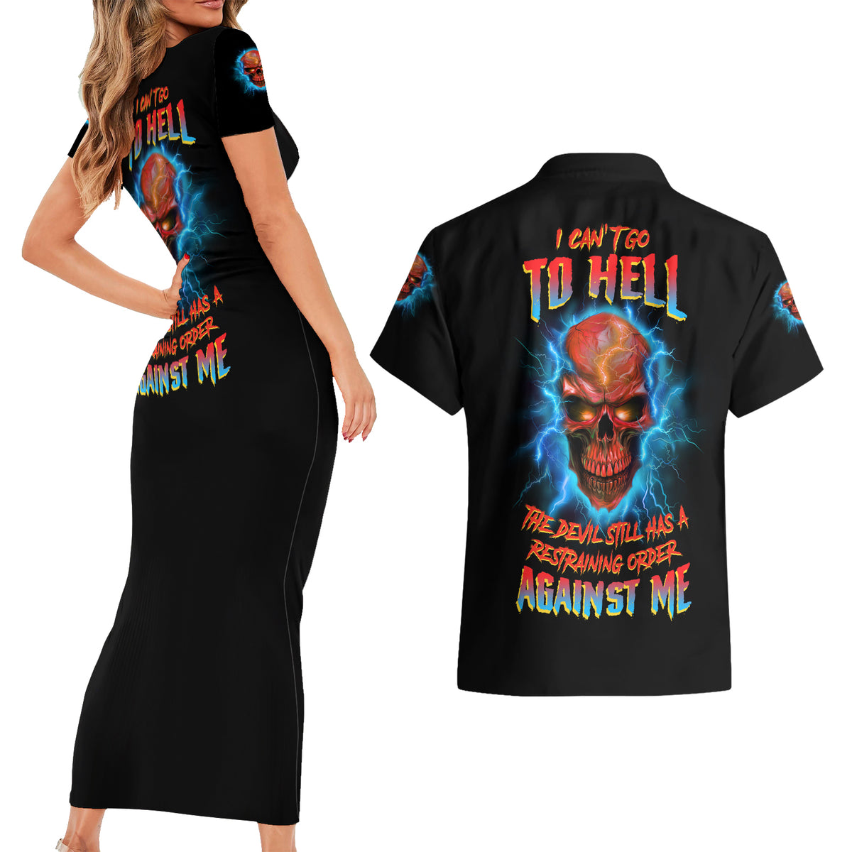 I Can't Go To Hell Thunder Skull Couples Matching Short Sleeve Bodycon Dress and Hawaiian Shirt - Wonder Print Shop