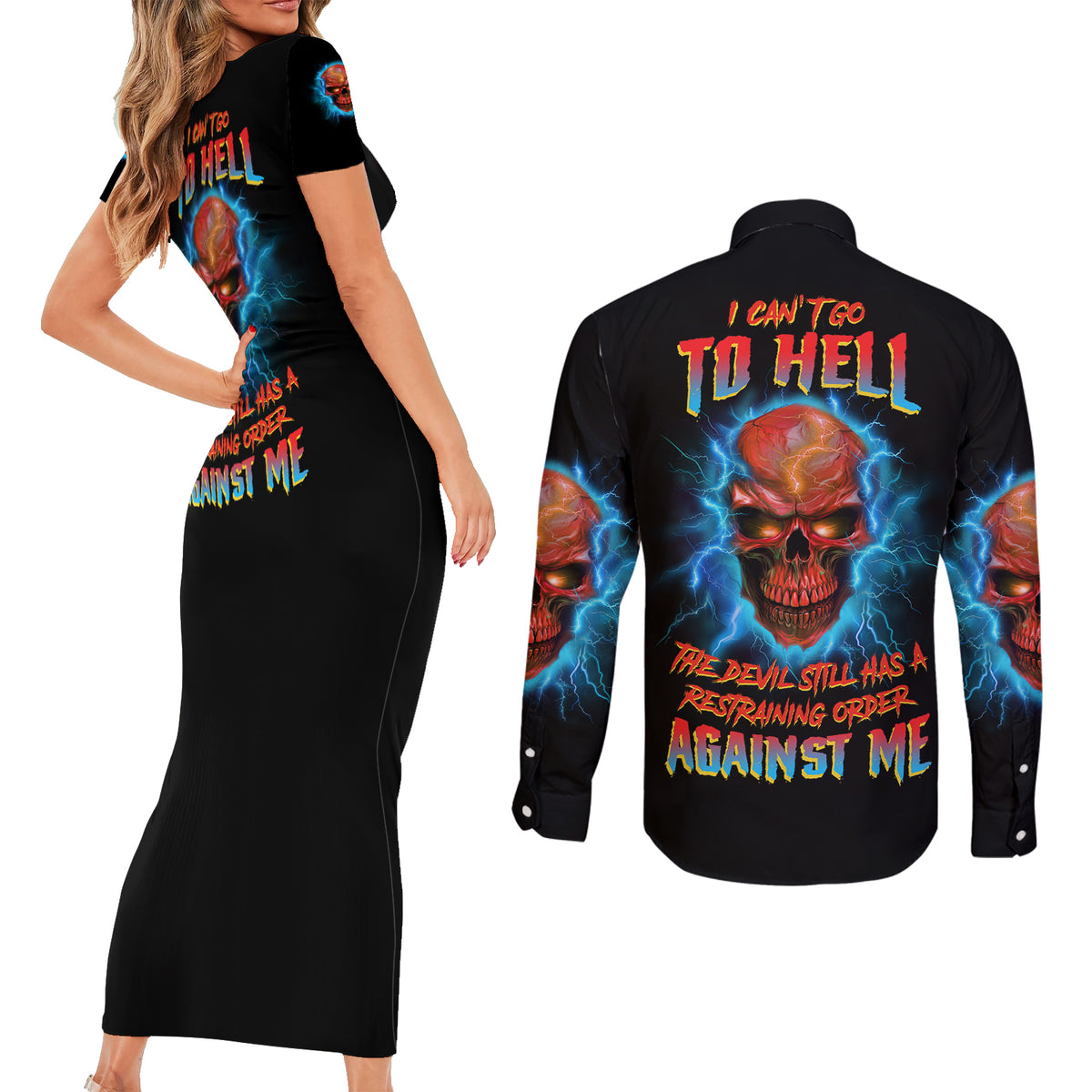 I Can't Go To Hell Thunder Skull Couples Matching Short Sleeve Bodycon Dress and Long Sleeve Button Shirt - Wonder Print Shop