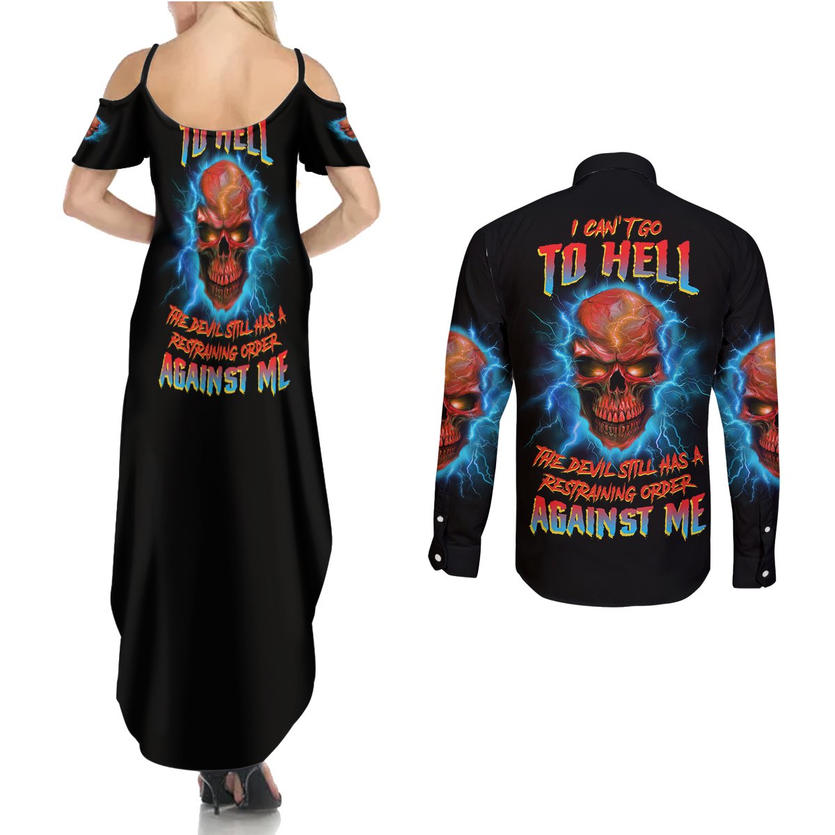 I Can't Go To Hell Thunder Skull Couples Matching Summer Maxi Dress and Long Sleeve Button Shirt - Wonder Print Shop