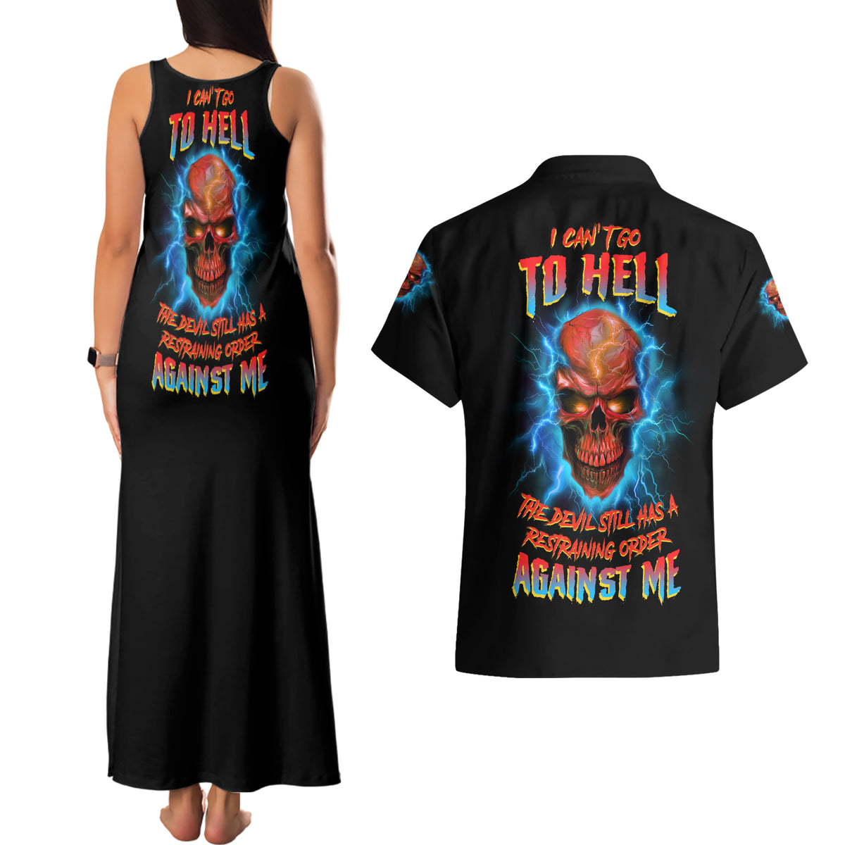 I Can't Go To Hell Thunder Skull Couples Matching Tank Maxi Dress and Hawaiian Shirt - Wonder Print Shop