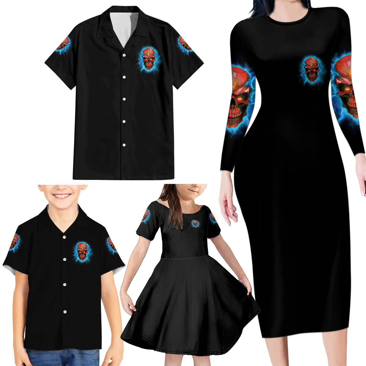 I Can't Go To Hell Thunder Skull Family Matching Long Sleeve Bodycon Dress and Hawaiian Shirt - Wonder Print Shop