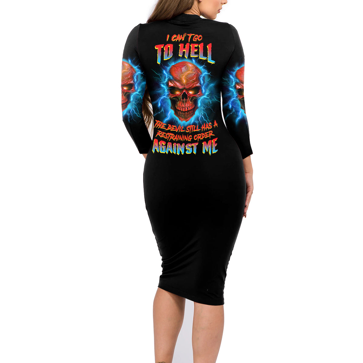 I Can't Go To Hell Thunder Skull Family Matching Long Sleeve Bodycon Dress and Hawaiian Shirt - Wonder Print Shop