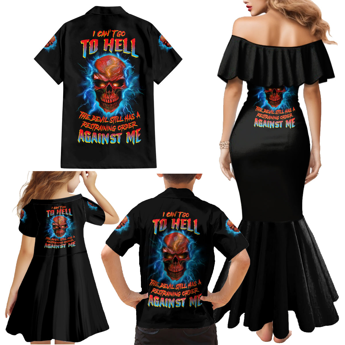 I Can't Go To Hell Thunder Skull Family Matching Mermaid Dress and Hawaiian Shirt - Wonder Print Shop