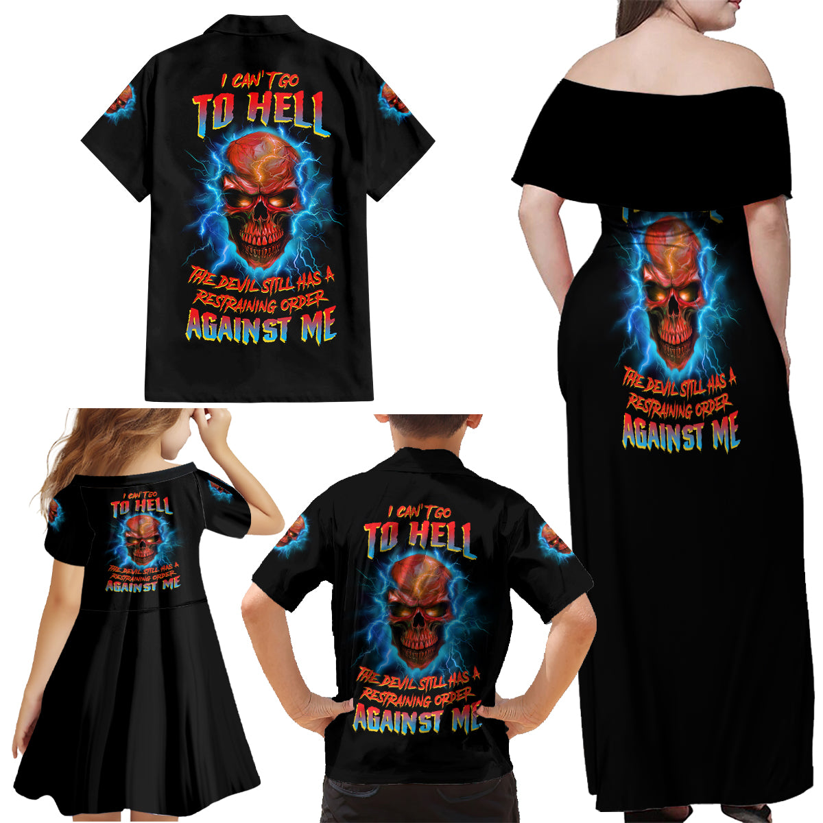 I Can't Go To Hell Thunder Skull Family Matching Off Shoulder Maxi Dress and Hawaiian Shirt - Wonder Print Shop