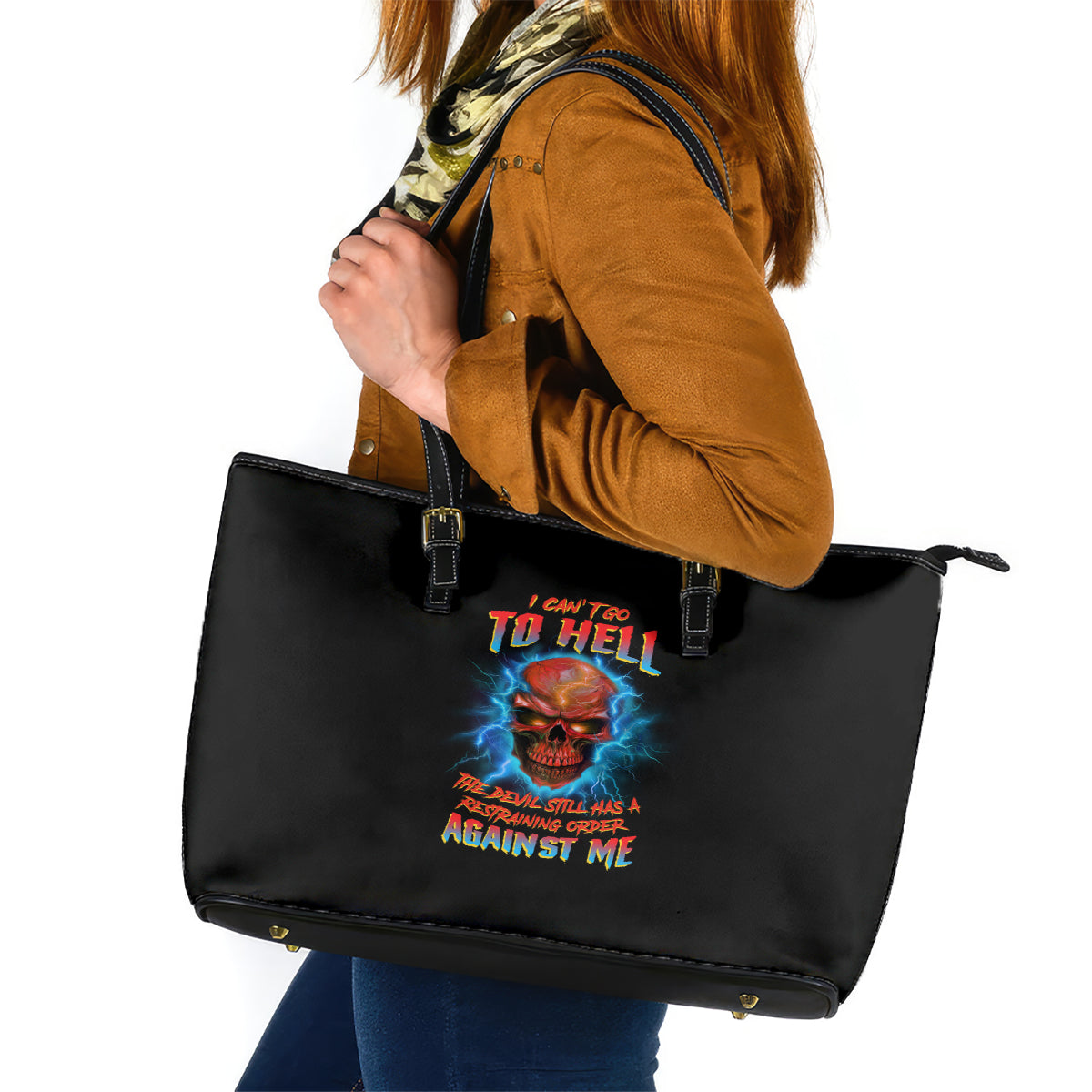 I Can't Go To Hell Thunder Skull Leather Tote Bag - Wonder Print Shop