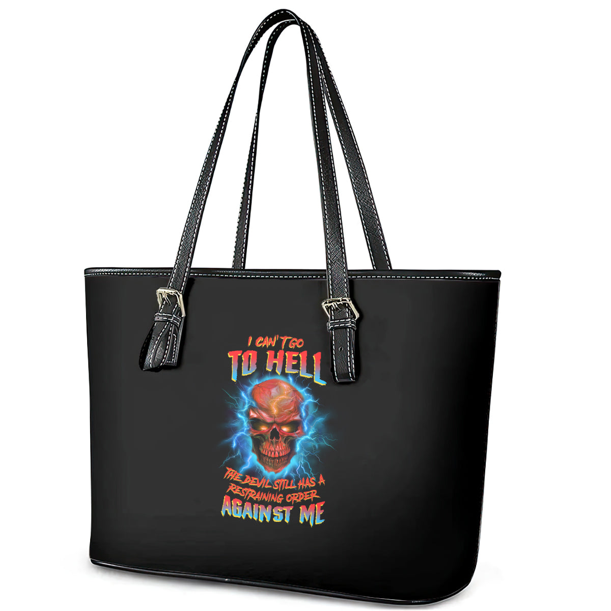 I Can't Go To Hell Thunder Skull Leather Tote Bag - Wonder Print Shop
