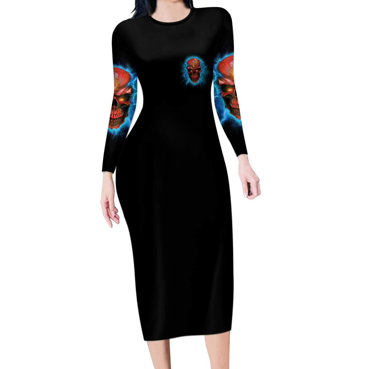 I Can't Go To Hell Thunder Skull Long Sleeve Bodycon Dress - Wonder Print Shop