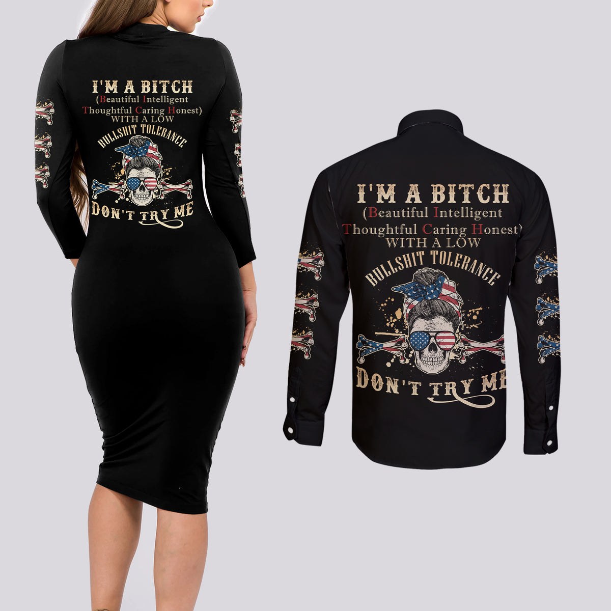 I'm A B Don't Try Me Couples Matching Long Sleeve Bodycon Dress and Long Sleeve Button Shirt - Wonder Print Shop