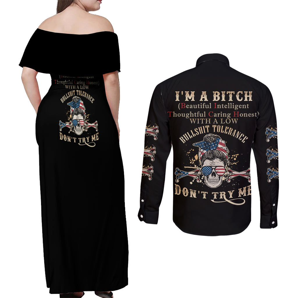 I'm A B Don't Try Me Couples Matching Off Shoulder Maxi Dress and Long Sleeve Button Shirt - Wonder Print Shop