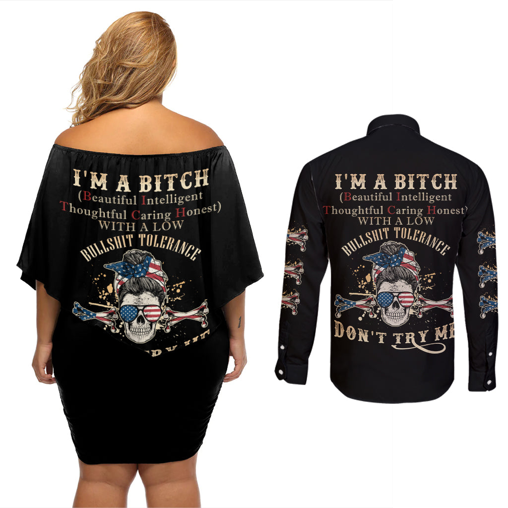 I'm A B Don't Try Me Couples Matching Off Shoulder Short Dress and Long Sleeve Button Shirt - Wonder Print Shop