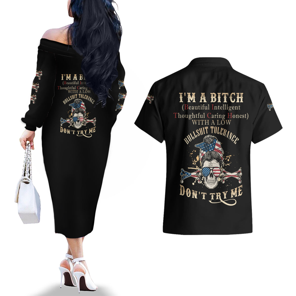 I'm A B Don't Try Me Couples Matching Off The Shoulder Long Sleeve Dress and Hawaiian Shirt - Wonder Print Shop