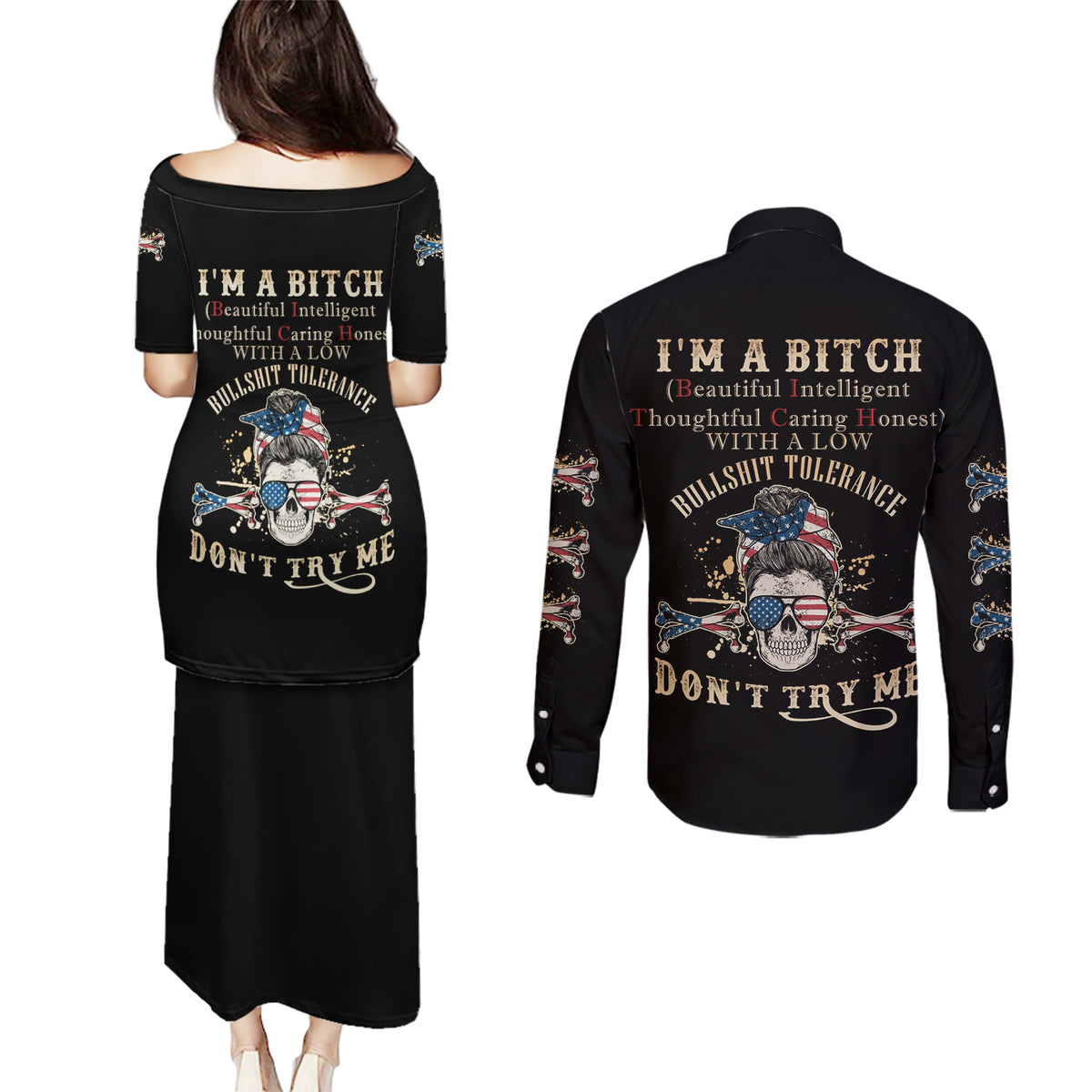 I'm A B Don't Try Me Couples Matching Puletasi Dress and Long Sleeve Button Shirt - Wonder Print Shop