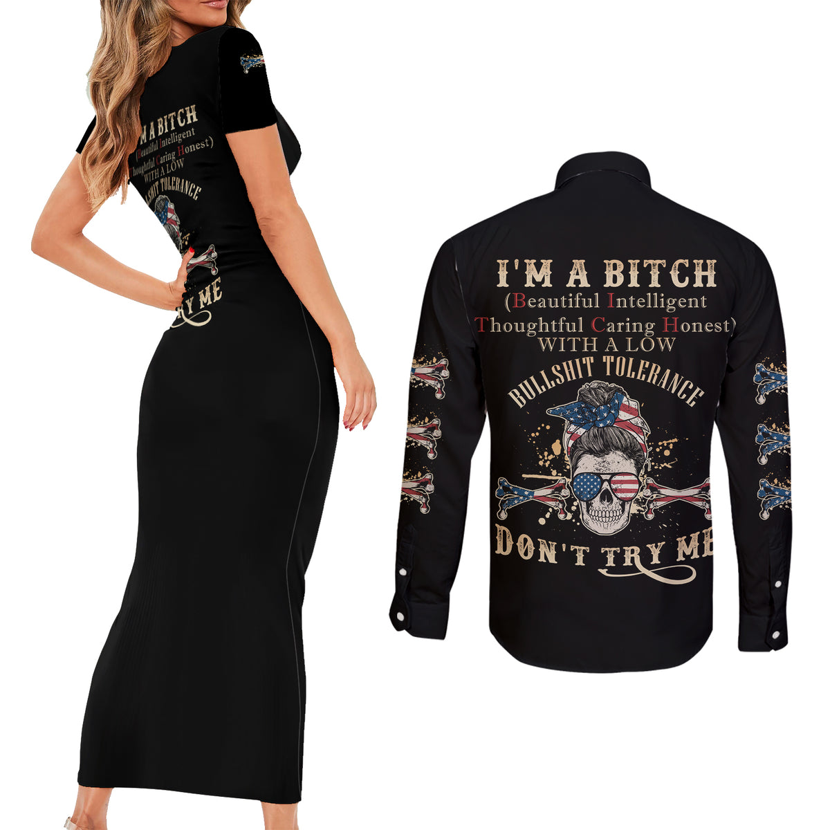 I'm A B Don't Try Me Couples Matching Short Sleeve Bodycon Dress and Long Sleeve Button Shirt - Wonder Print Shop