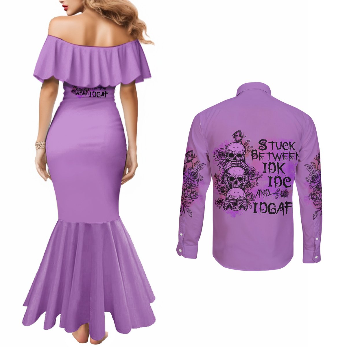 stuck-between-idk-idc-and-idgaf-couples-matching-mermaid-dress-and-long-sleeve-button-shirt