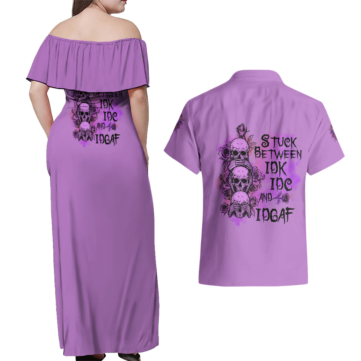 Stuck Between Idk Idc And Idgaf Couples Matching Off Shoulder Maxi Dress and Hawaiian Shirt - Wonder Print Shop