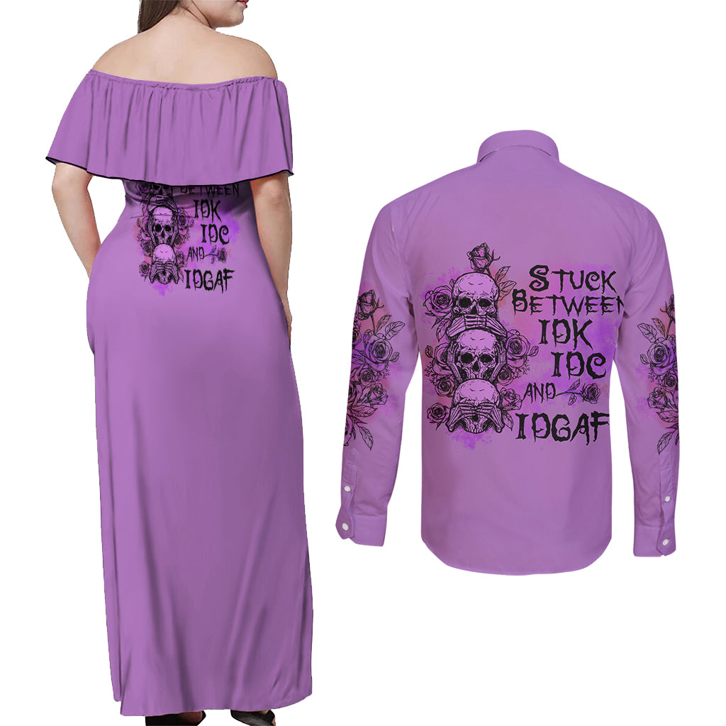 Stuck Between Idk Idc And Idgaf Couples Matching Off Shoulder Maxi Dress and Long Sleeve Button Shirt - Wonder Print Shop