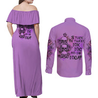 Stuck Between Idk Idc And Idgaf Couples Matching Off Shoulder Maxi Dress and Long Sleeve Button Shirt - Wonder Print Shop
