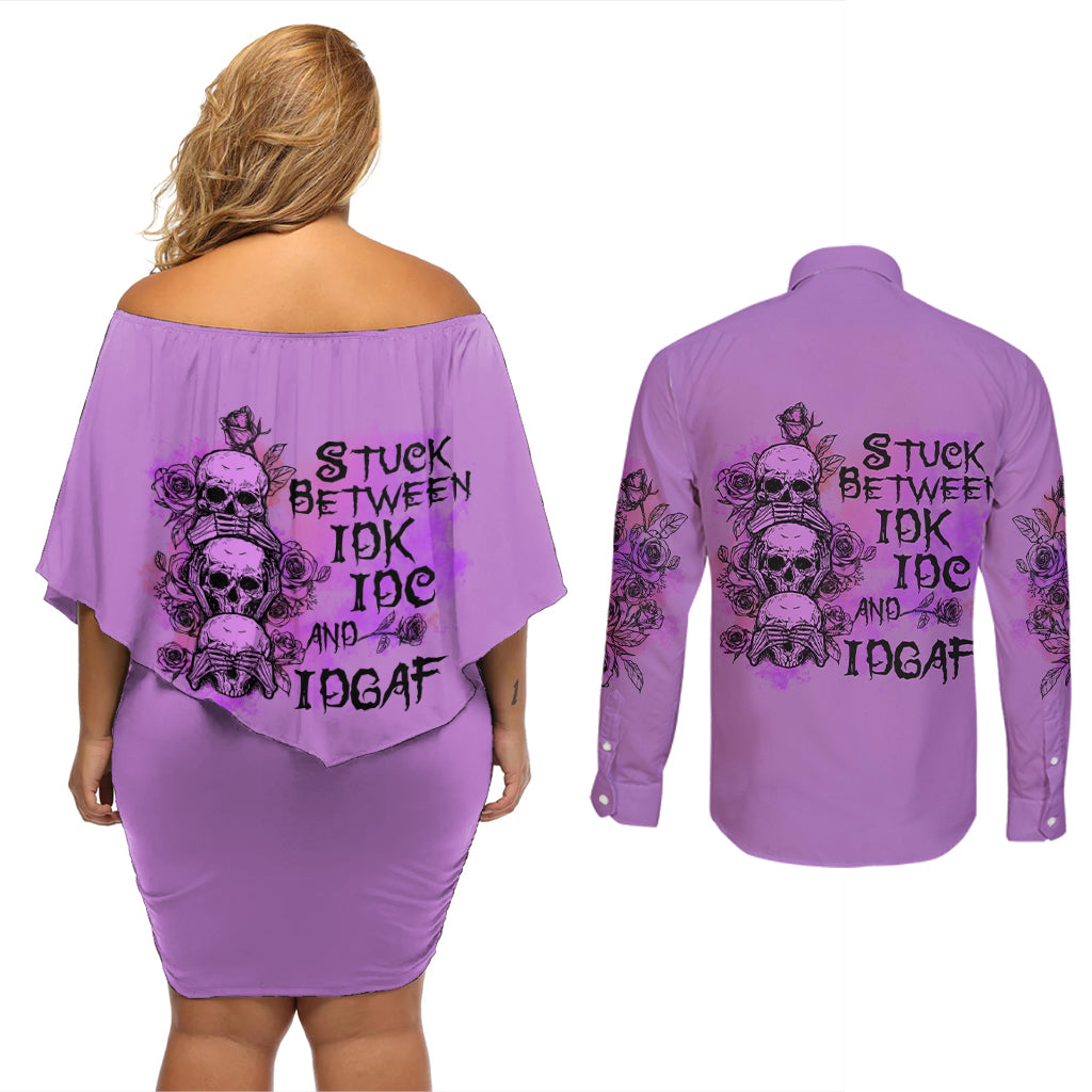 Stuck Between Idk Idc And Idgaf Couples Matching Off Shoulder Short Dress and Long Sleeve Button Shirt - Wonder Print Shop