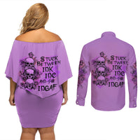 Stuck Between Idk Idc And Idgaf Couples Matching Off Shoulder Short Dress and Long Sleeve Button Shirt - Wonder Print Shop