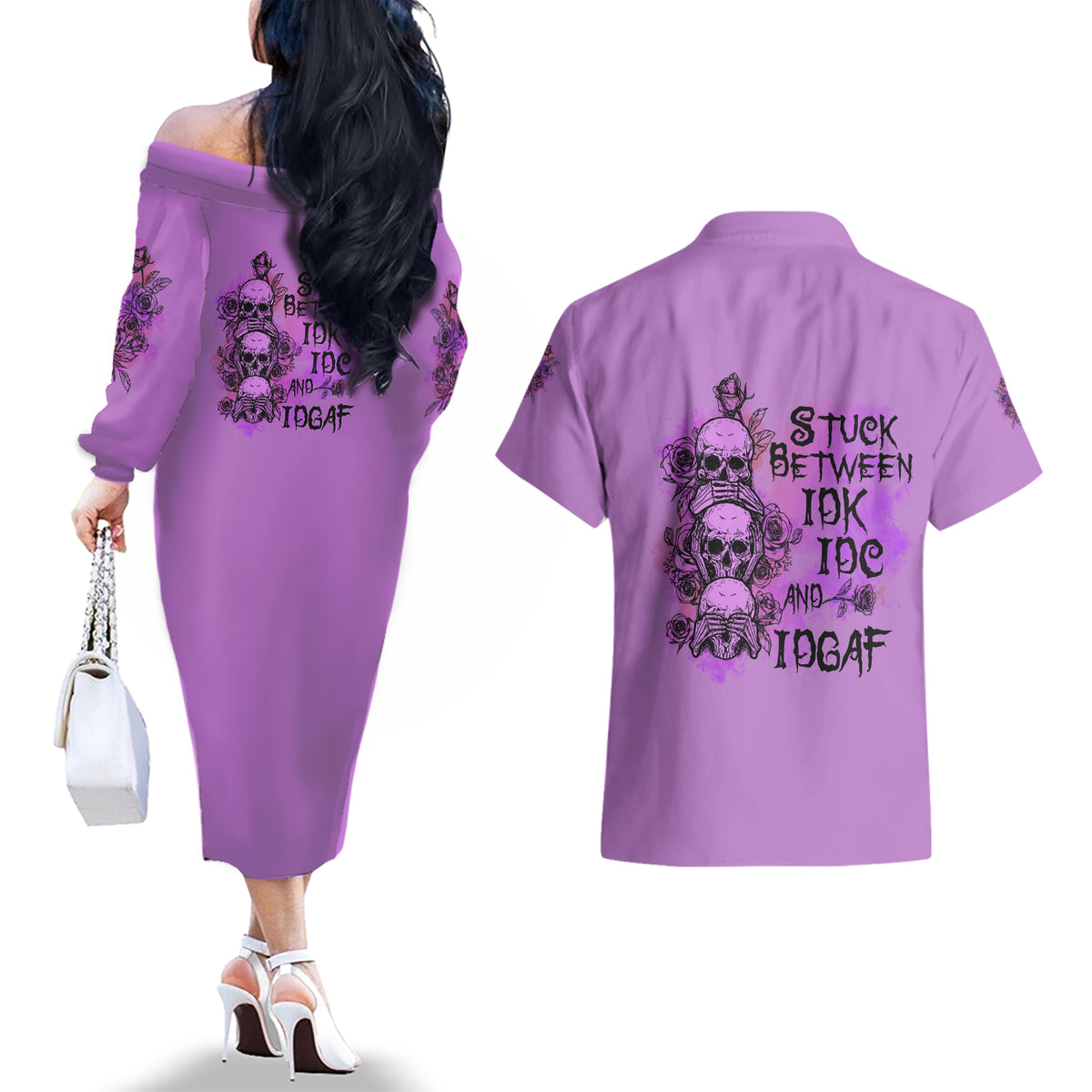 Stuck Between Idk Idc And Idgaf Couples Matching Off The Shoulder Long Sleeve Dress and Hawaiian Shirt - Wonder Print Shop