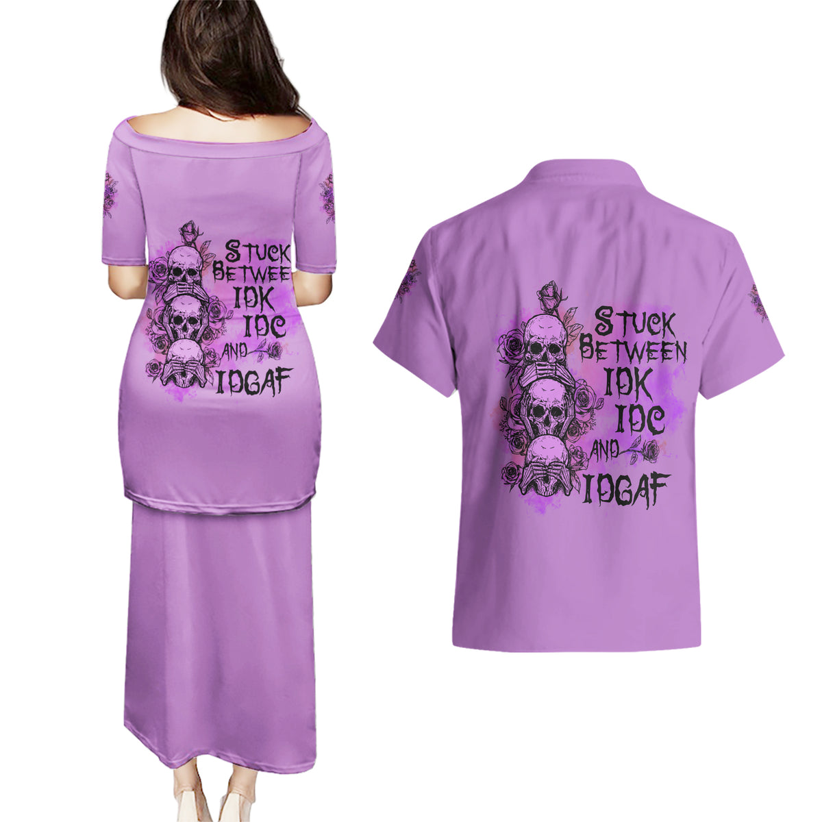 Stuck Between Idk Idc And Idgaf Couples Matching Puletasi Dress and Hawaiian Shirt - Wonder Print Shop