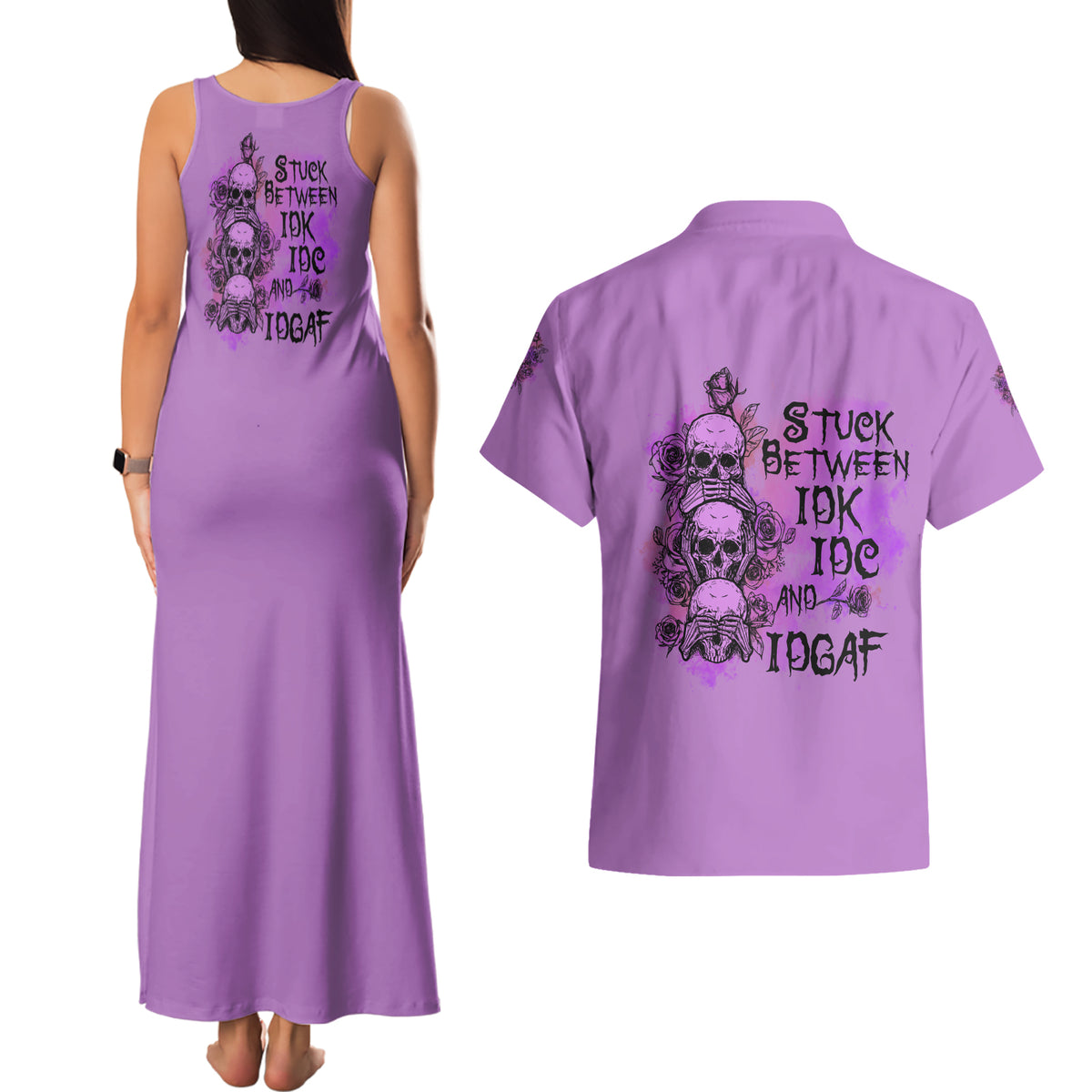 Stuck Between Idk Idc And Idgaf Couples Matching Tank Maxi Dress and Hawaiian Shirt - Wonder Print Shop