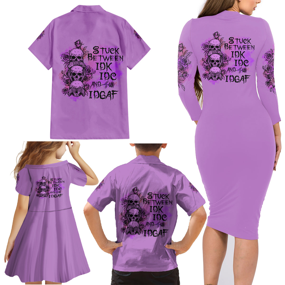 Stuck Between Idk Idc And Idgaf Family Matching Long Sleeve Bodycon Dress and Hawaiian Shirt - Wonder Print Shop