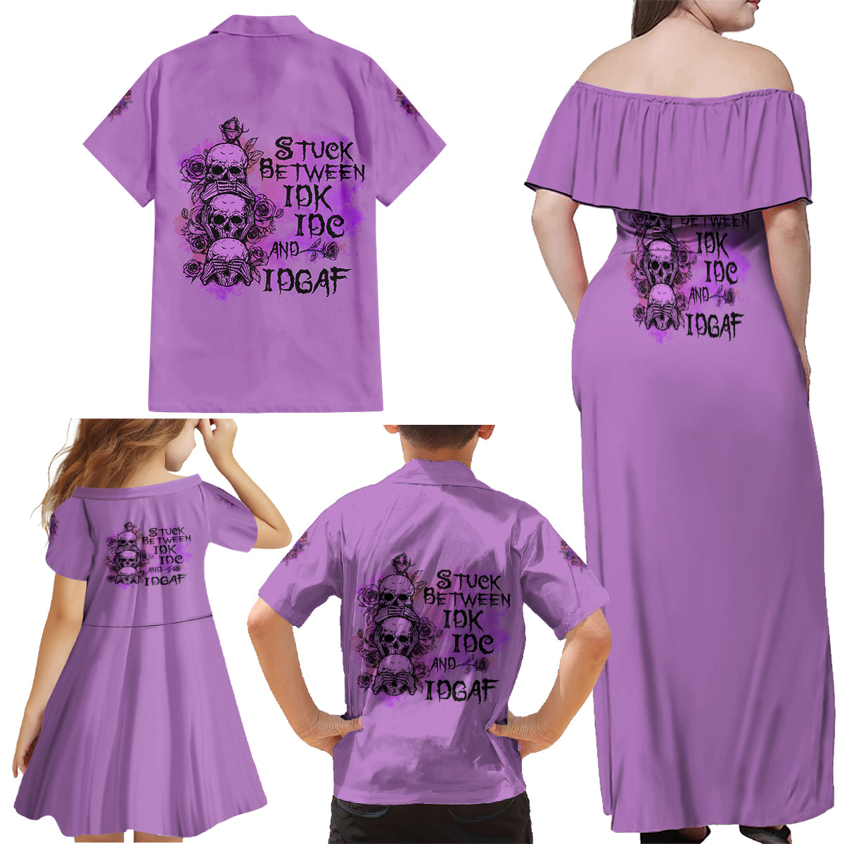 Stuck Between Idk Idc And Idgaf Family Matching Off Shoulder Maxi Dress and Hawaiian Shirt - Wonder Print Shop