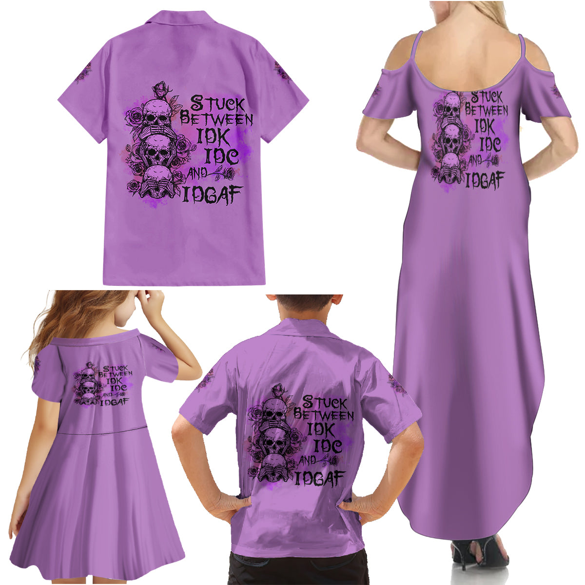 Stuck Between Idk Idc And Idgaf Family Matching Summer Maxi Dress and Hawaiian Shirt - Wonder Print Shop