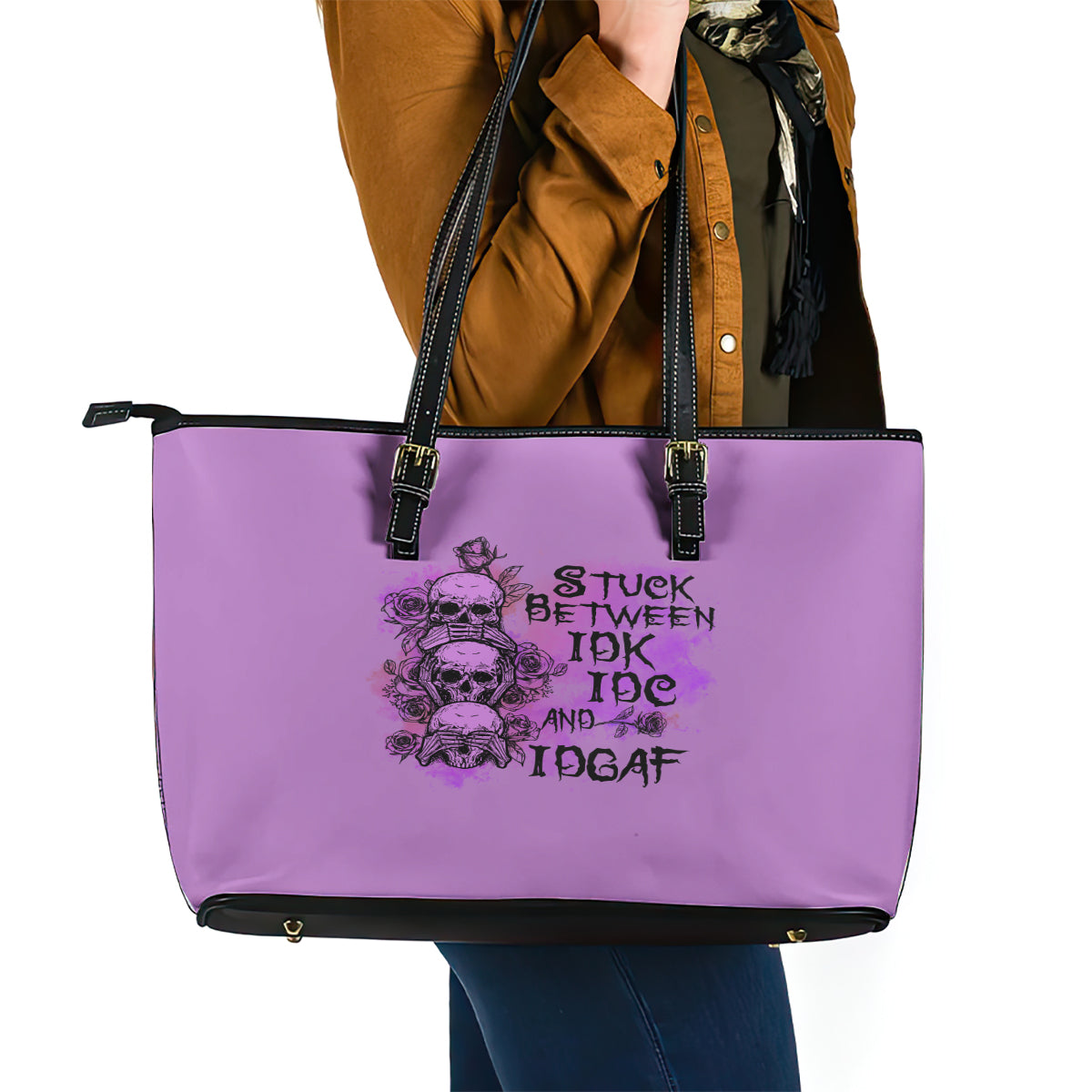 Stuck Between Idk Idc And Idgaf Leather Tote Bag - Wonder Print Shop